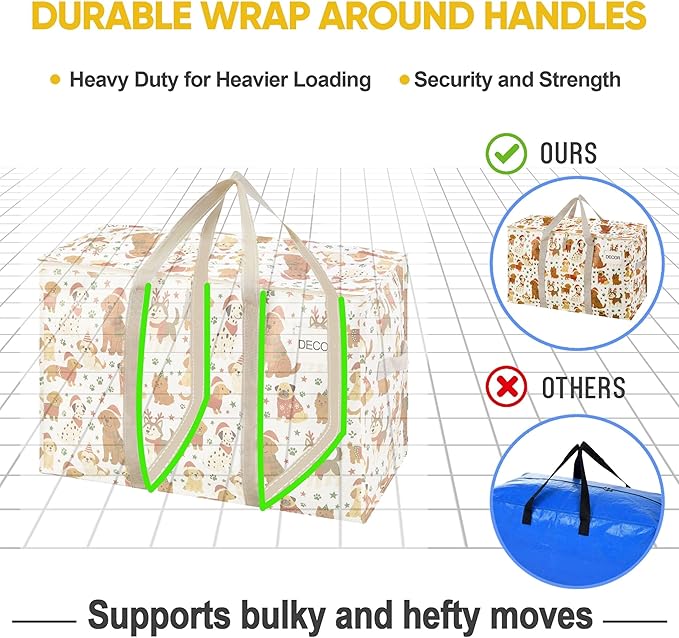 VENO 6 Pack Moving Bags and Large Christmas Storage Bins with lids. Alternative to Moving Boxes, Packing Supplies for College. Extra Large Heavy Duty Totes for Packaging (Holiday Pups, 6 Pack)