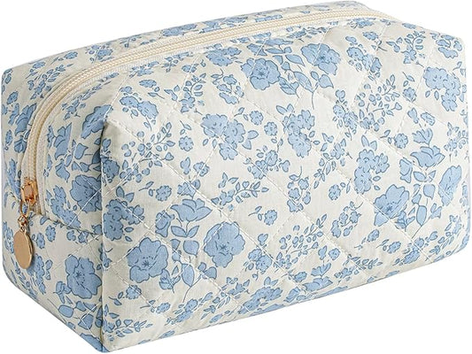 HHQQWZ Makeup Bag Travel Cosmetic Bag for Women Girls, Zipper Make Up Pouch, Floral Flowers Toiletry Organizer Makeup, Portable Storage Cosmetic Travel Cloth Bag (Blue Floral)