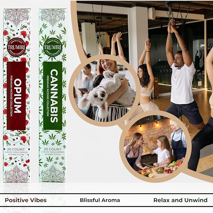Trumiri Incense Sticks - Combo Pack of 40 Insence-Sticks - 20 Opium + 20 Cannabis - Insenses - Insents - Incents - Inscense - Incence - Incienso - All Natural Incense Sticks