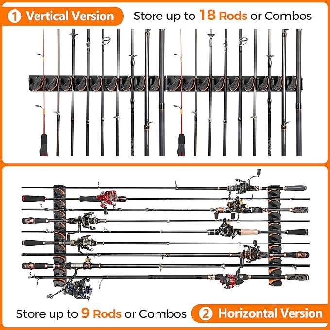PLUSINNO V9 Vertical Fishing Rod Holders, 2 Packs Wall Mounted Fishing Pole Holders, Fishing Rod Racks Hold Up to 18 Rods or Combos, Fishing Pole Holders for Garage, Fishing Gear and Gifts for Men