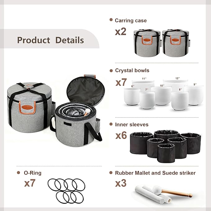 RYAN DVAN 432Hz 7-12 inch Crystal Singing Bowl Set of 7 with Free Carrying Case, Frosted Quartz Sound Bowls for Chakra Healing, Meditation,Yoga,Sound Therapy,Mindfulness,Relaxation & Stress Relief