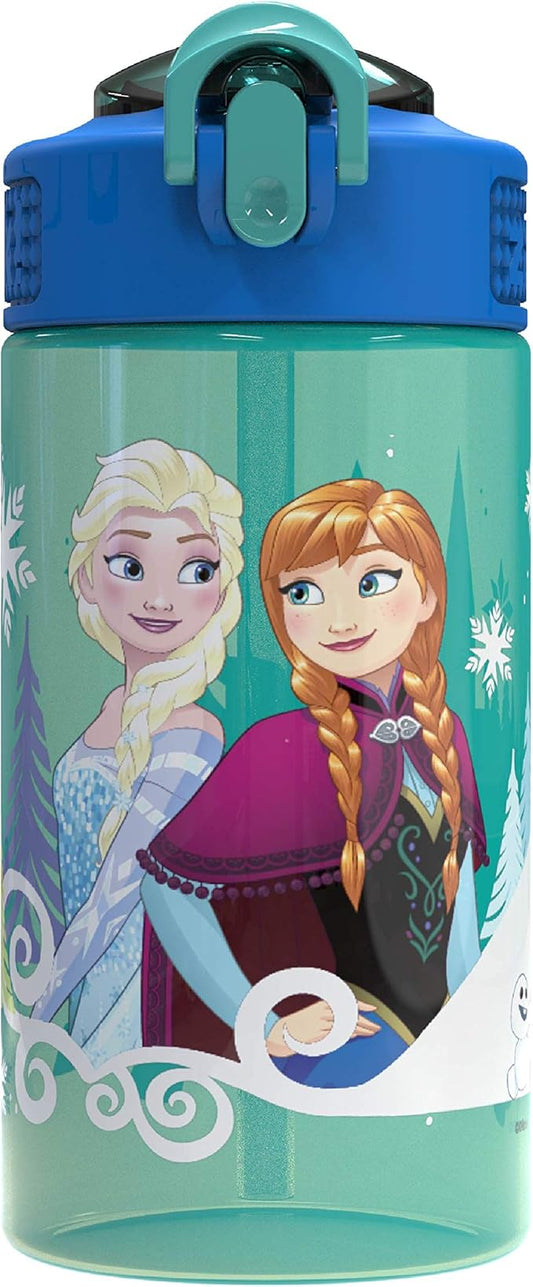 Zak Designs Disney Frozen 2 Kids Spout Cover and Built-in Carrying Loop Made of Plastic, Leak-Proof Water Bottle Design, 16oz, Elsa & Anna