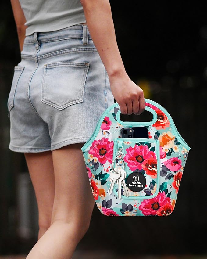 Sports Rabbit Neoprene Insulated Lunch Bag for Women - Front Pocket for Phone&Keys - Reusable, Foldable, Lightweight, Waterproof, Easy to Store & Clean - Ideal for Work,Travel & Picnics(Green flowers)
