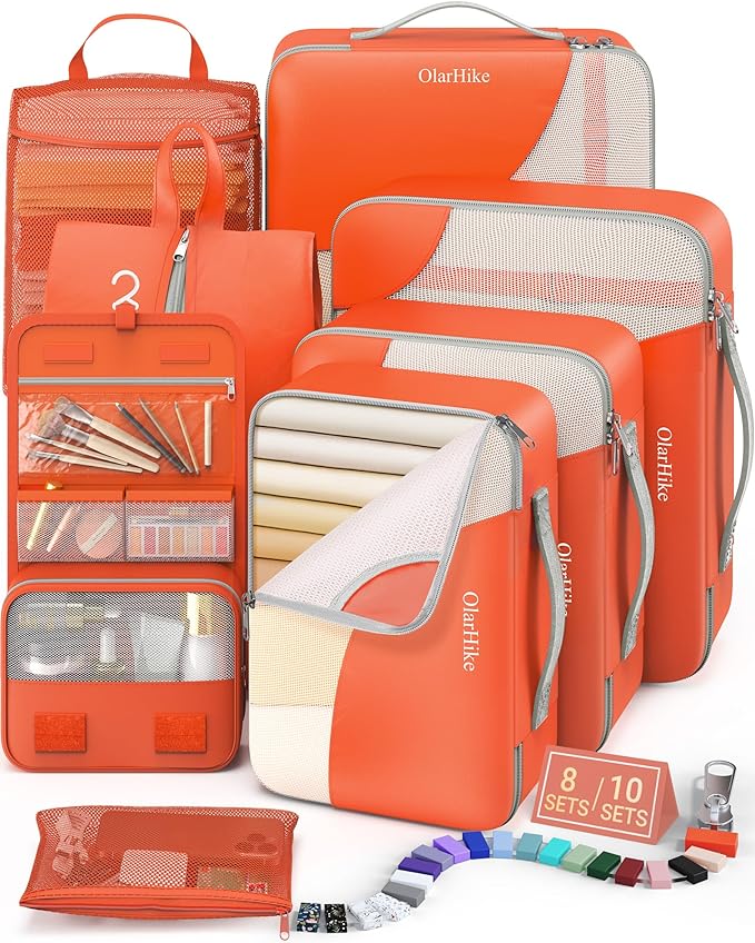 8 Set Packing Cubes for Travel, Gifts for Women Mom,Anti-Tearing Suitcase Organizer for Luggage with Shoe & Hanging Toiletry Bag,OlarHike Vacation Essentials & Accessories for Cruise Ship,Orange