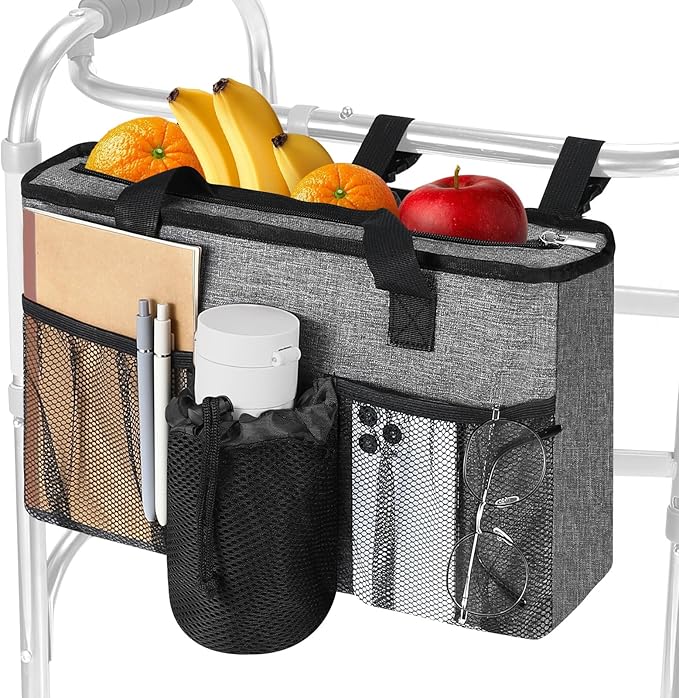 Rhino Valley Walker Bag, Large Capacity Walker Accessories Storage Bag with Multi Pockets & Cup Holder, Walker Basket with 4 pockets for Universal Walkers for Seniors, Gray