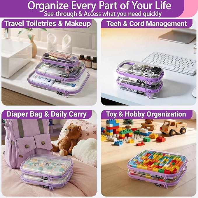YQBRA 3 Pack Clear Hard Shell Zipper Case, See-Through Hard Plastic Organizer Pouches with Zipper for Travel, Toiletries, Makeup, Electronics & Pencils - Crush-Resistant Storage (L Purple)
