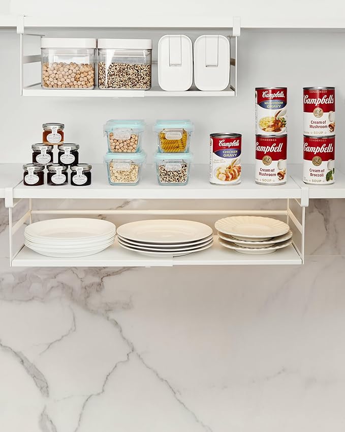 Selosiz 2Pack Under Shelf Storage Basket Organizer Expandable Width Add-On Space Saver Hanging Under Cabinet Pantry Kitchen Countertop Desktop Board Slide-in White Heavy-Duty Metal Higher Size