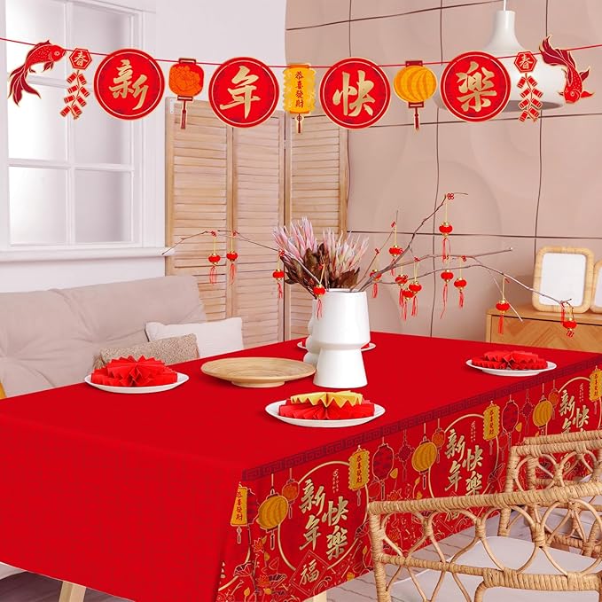 Chinese New Year Party Supplies Kit: Happy New Year Design Decorations Set with Disposable Plates, Napkins, Cups, Tablecloth, and Festive Banner - for Lunar New Year Celebrations Serves 25.