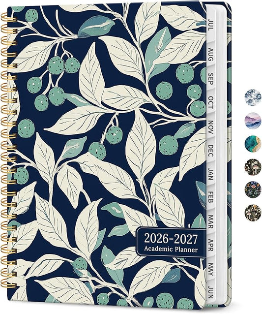 Planner 2026-2027, Academic Monthly and Weekly Calendar Planner for Women, July 2026 - June 2027, Hardcover Pretty Agenda Planner Book with Tabs, Spiral Daily Organizer for School Office Home Supplies, 6.3" x 8.5" - Botanic Berry