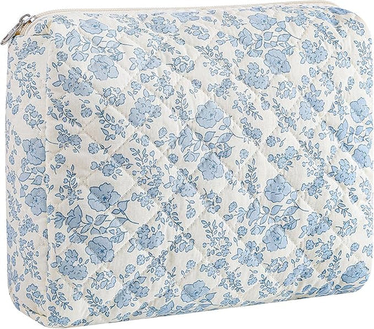 HHQQWZ Makeup Bag Travel Cosmetic Bag for Women Girls, Zipper Make Up Pouch, Floral Flowers Toiletry Organizer Makeup, Portable Storage Cosmetic Travel Cloth Bag (L/Blue Floral)