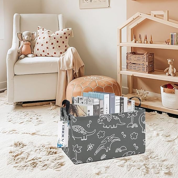 Rectangular Dinosaur Basket Waterproof Storage Bin Gift Box Children's Toy Organizer Box Room Decoration Basket (Gray Line Dinosaur)