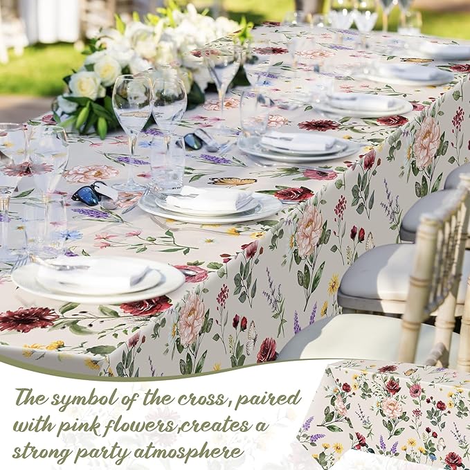 Ganeen 3 Pcs Floral Tablecloth Disposable Plastic Wildflower Table Covers Rectangle Vintage Wildflower Tablecloths for Baby Shower Birthday Wedding Mothers Day Spring Tea Party Decor, 54 x 108 Inch
