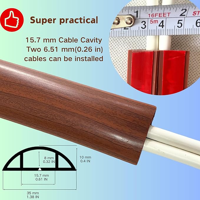 BEIEBIJOB 3.3ft Self-Adhesive Floor Cord Cover, Cord Hider for Floor, Cable Cavity: 0.61"(W) x 0.32"(H), Heavy Duty Cable Protector, Hide Extension Cords, Cable Management for Hiding Wires on Floor, Walnut Wood
