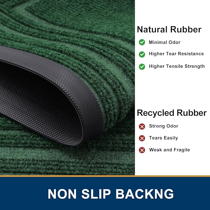 Buganda Front Door Mat Indoor Outdoor Entrance, Non-Slip Natural Rubber Doormats, Easy Clean, Low Profile, Dirt Trapper Entryway Floor Mats for Outside, Garages and Patios, 29.5x17, Green