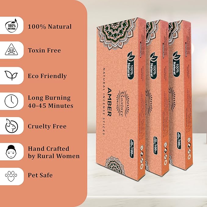 Raajsee Amber Incense Sticks 100 Gm Pack-100% Pure Organic - Natural Hand Rolled Free from Chemicals-Insence for Church,Relaxation, Meditation & Sensual Therapy