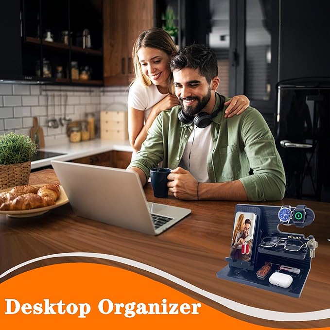 Gifts for Dad Men Mom Women from Daughter Son Birthday Gifts Nightstand Organizer Mens Wood Phone Docking Station (Black)