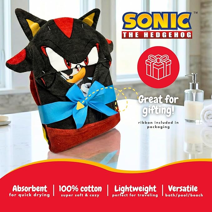 Sonic Shadow The Hedgehog Anime Kids Super Soft Bath/Pool/Beach Soft Cotton Terry Hooded Towel Wrap, 24 in x 50 in, Mario & Luigi, (100% Officially Licensed Product) By Franco