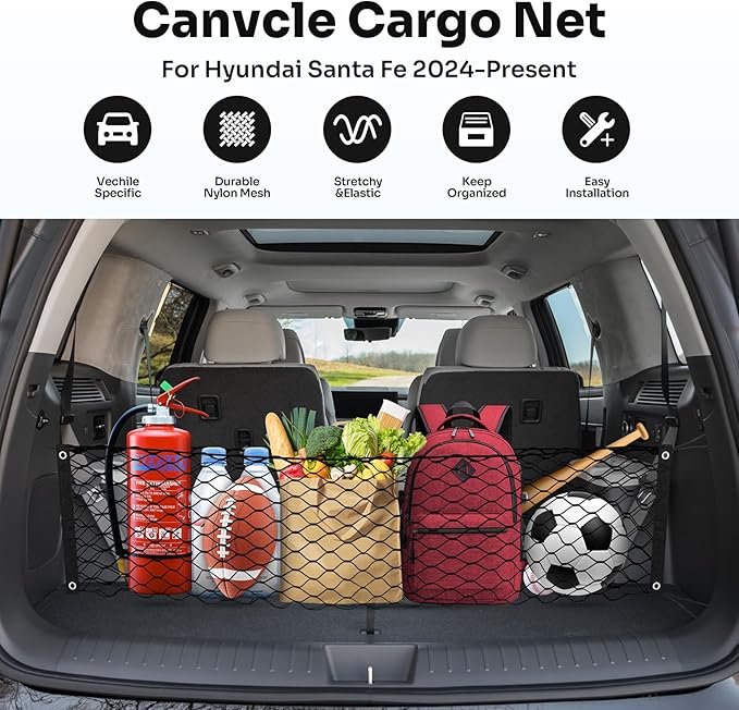 Cargo Net for 2024 2025 2026 Hyundai Santa Fe Trunk Net Envelope Style Mesh Trunk Net Organizer for Santa Fe Accessories Double Layer Elastic Nylon Rear Cargo Netting with Hooks