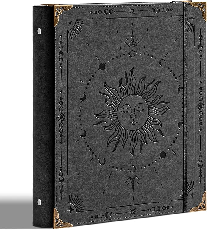 Ovesmusl PU Leather 3 Ring Binder Fits 8.5"x11" Letter Size Paper, 1.5 Inch Round Ring Binder Holds 350 Sheets, Notepad Paper Cover Loose Leaf Organizer, Black Sun