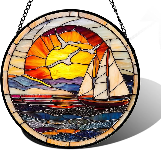 Stained Glass Window Hanging, Sun Ocean Sailboat Seagull Abstract Suncatcher Diamond Glass Panel Sun Catchers Decor for Birthday for Women, Men, Wife, Aunt, and Mom 7.8 in