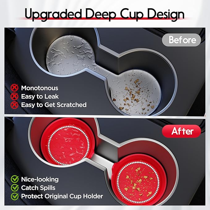 Amooca Car Cup Coaster Universal Non-Slip Cup Holders Bling Crystal Rhinestone Car Interior Accessories 4 Pack Red