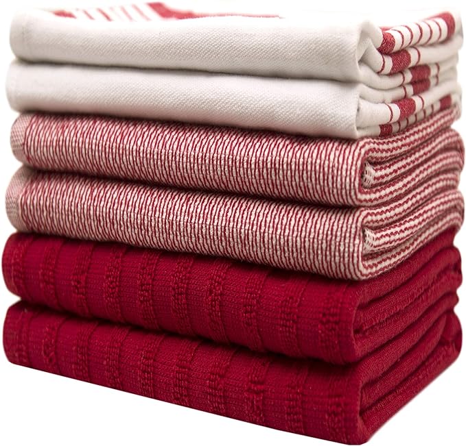 Premium Kitchen Towels (20”x 28”, 6 Pack) | Large Cotton Dish Towels | Flat & Terry Highly Absorbent Kitchen Linen Set with Hanging Loop | Red Striped
