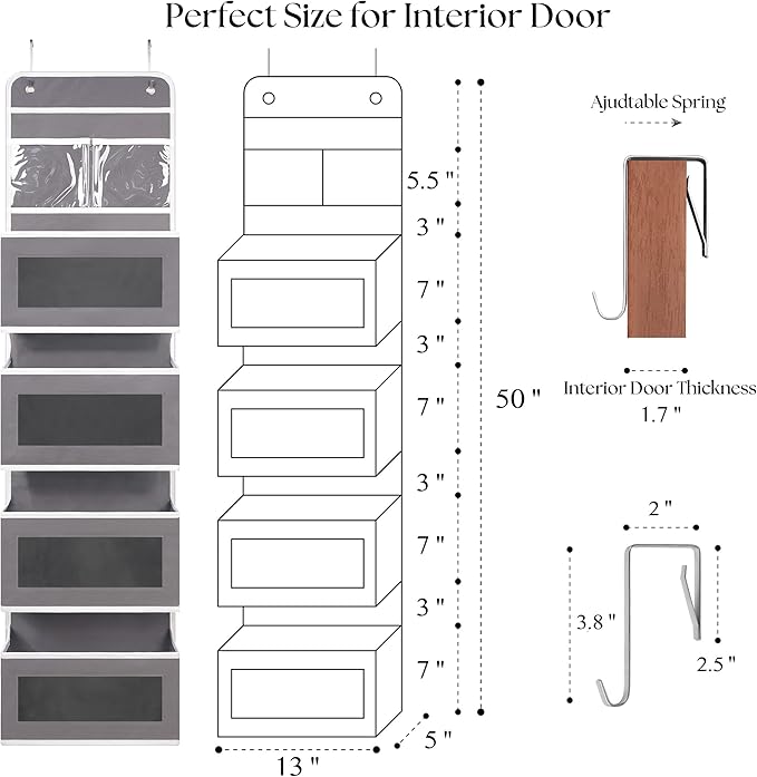 Over Door Organizer with 4 Large Capacity Pockets, Hanging Organizer Storage for Closet Bathroom Nursery Bedroom Dorm, Toys Cosmetics Sundries and Baby Essentials, Gray