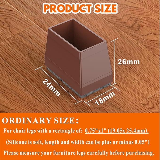 Rectangle Chair Leg Protectors for Hardwood Floors, 16 PCS Silicone Covers to Protect Wood Tile Floors Felt Pads Furniture Leg Caps Reduce Noise. Easy to Move. (Brown, 0.75 x 1 Inch, Rectangle)