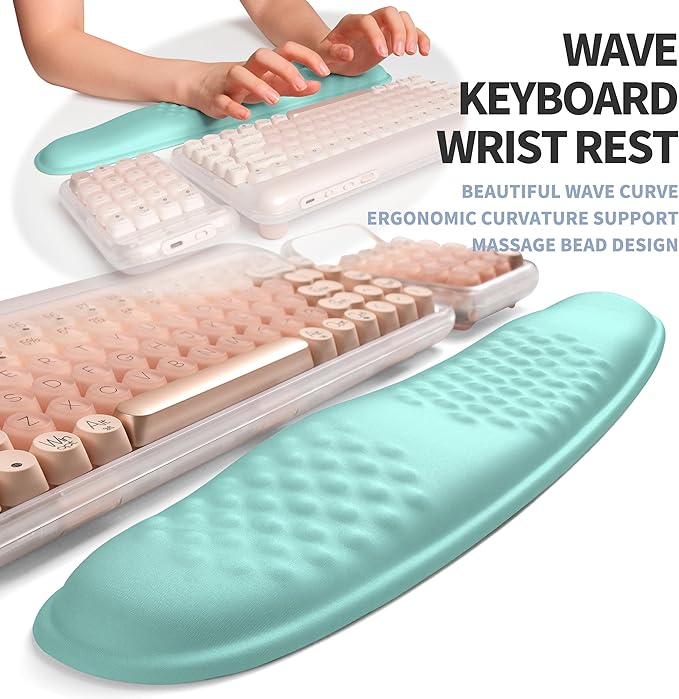 Gleamtide 2-in-1 Ergonomic Set, Wave Keyboard Wrist Rest and Massage Slope Mouse Pad Wrist Support, Rebound Memory Foam for Relieve Carpal Tunnel Syndrome and Wrist Pain (Light Blue)