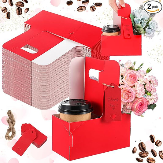 MotiMind 2 Pack Mother's Day 2 Cup Drink Carrier with Handle, Kraft Paperboard Teacher Cup Holder Portable for Hot Cold Drinks, Coffee Carrier Gift with Heart Card Rope (Red)