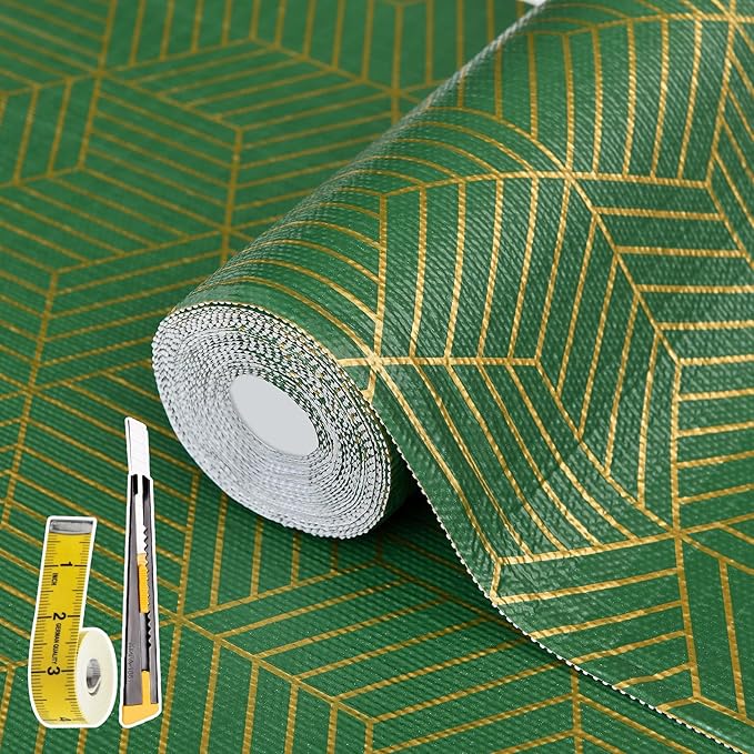 Shelf Liners for Kitchen Cabinets 23.6in x 30FT, Non-Adhesive Cabinet Liner, Strong Non-Slip Thickened Gold Green Geometric Drawer Liner, Easy to Clean for Shelf, Cabinet with Knife and Tape Measure