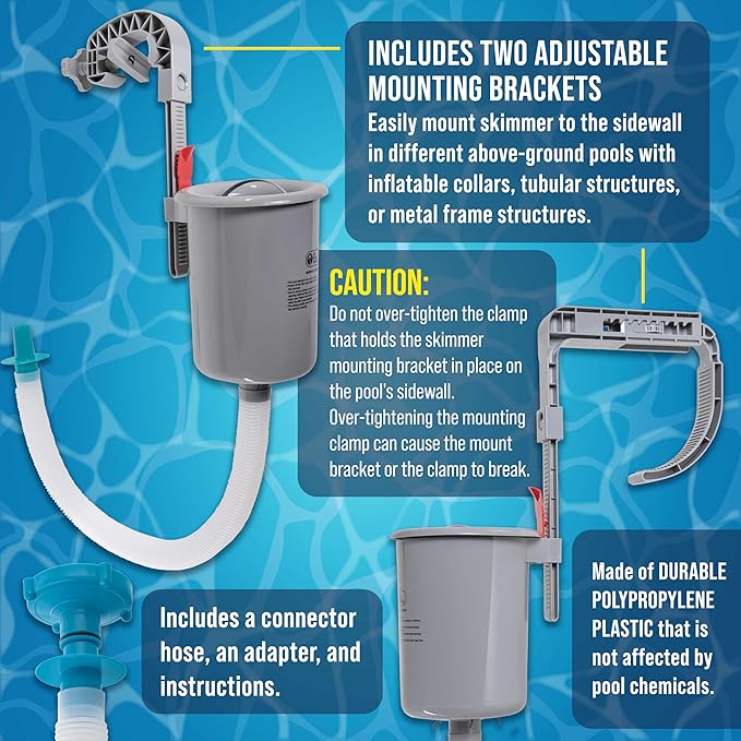 U.S. Pool Supply Pool Skimmer - Above Ground Pool Skimmer, Floating Pool Surface Skimmer, Pool Accessories - Clean Debris Basket, Wall Mount, Attaches to Inflatable Collars, Tubular and Metal Frames