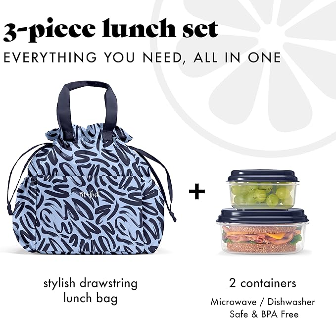 Fit & Fresh Cromwell Drawstring Lunch Bag for Women, Complete Lunch Set with 4 Containers, Stain-Resistant, Leak-Resistant, Back to School Essential, Teacher Lunchbox, Navy Brush Strokes