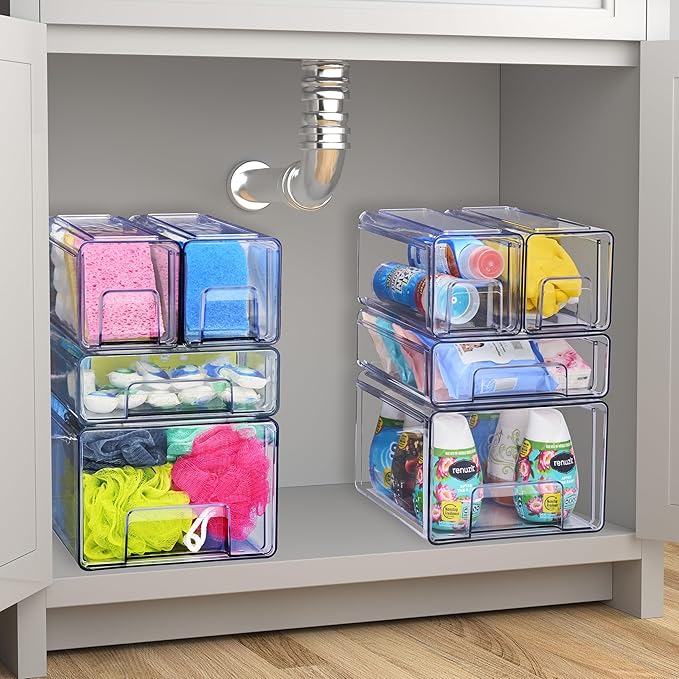 Sorbus Clear Stackable Storage Drawers, 4-Piece Set – 1 Large, 1 Medium & 2 Small Pull-Out Plastic Organizer Bins with Handles for Bathroom, Closet, Pantry, Cabinet & Medicine Storage