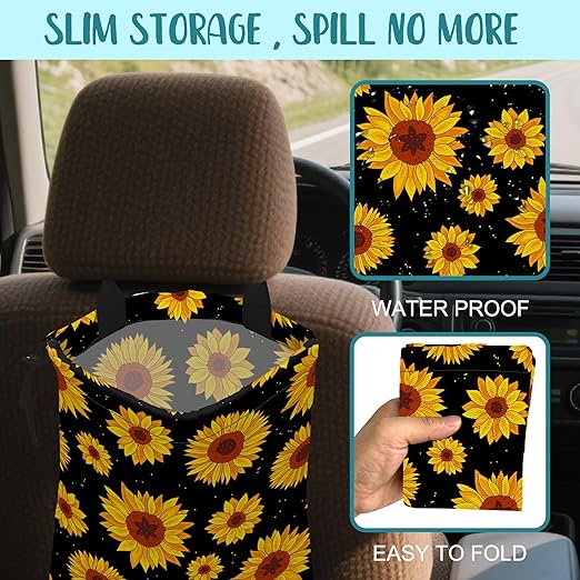 KXWQTRDD Car Garbage Bag Blooming Yellow Sunflowers Drawstring Car Trash Bag Hanging for Back Seat with Adjustable Buckle Canvas Vehicle Trash Can Easy-to-Install