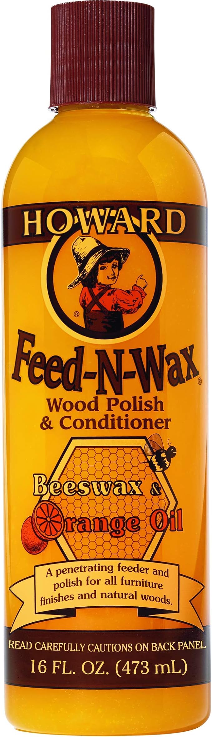 Howard Products Beeswax Wood Polish & Conditioner, Feed-N-Wax, Beeswax Furniture Polish For Wood, 16 Oz, Orange