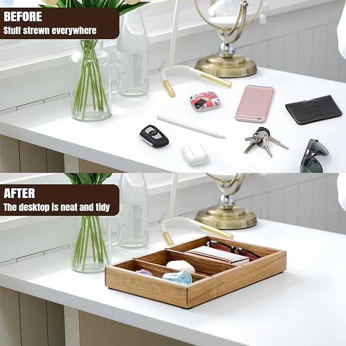 Wooden Valet Tray for Men – 12.2x7.9 in Acacia Catchall EDC Dump Tray with Removable Dividers, Nightstand Organizer for Keys, Wallet, Phone, Watch, Office Accessories