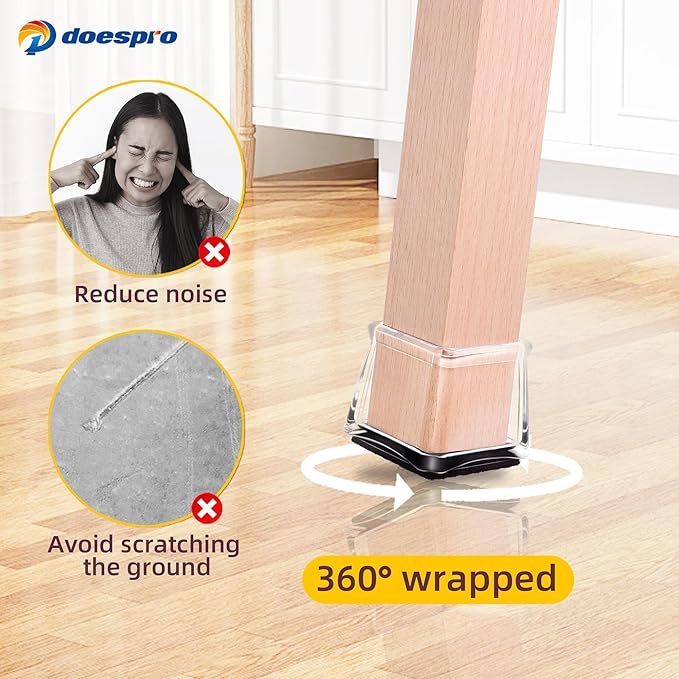 16-Pack Clear Square Chair Leg Floor Protectors for Hardwood Floors, Felt Furniture Pads, Silicone Chair Leg Covers to Protect Floors, Non-Slip, Reduce Noise, Anti-Scratch (XXL (Fits 1.58-1.89") Square)