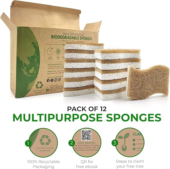 AIRNEX Biodegradable Natural Kitchen Sponge - Compostable Cellulose and Coconut Walnut Scrubber Sponge (12 Pack)