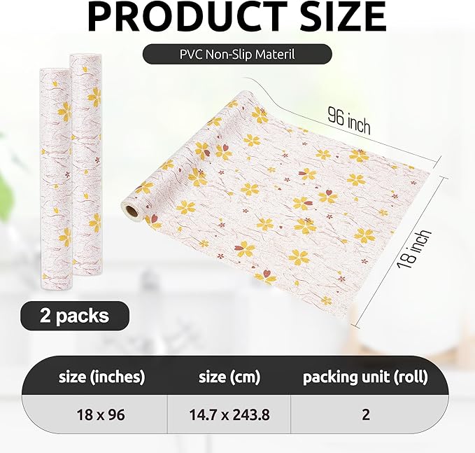RAY STAR 18X96 Inch Shelf Liner for Kitchen Cabinets, Non-Adhesive Cabinet Liner Washable, PVC Drawer Liner for Dresser Non-Slip Bathroom (Yellow-Floral)(2 Roll)