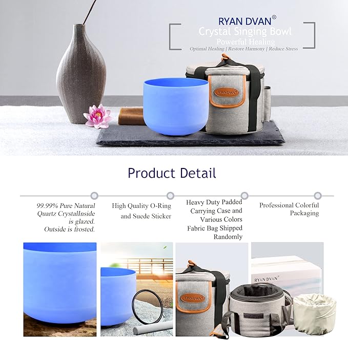 RYAN DVAN 8” G Note Blue Frosted Throat Chakra Crystal Singing Bowl with Free Heavy-Duty Carrying Case and Suede Striker O-Ring