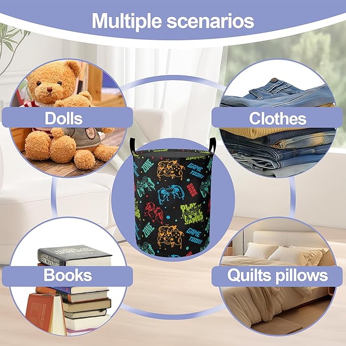 Laundry Basket, Color Game Console Large Canvas Fabric Lightweight Storage Hamper Organizer Dirty Clothes Collapsible Waterproof for College Dorms, Bathroom