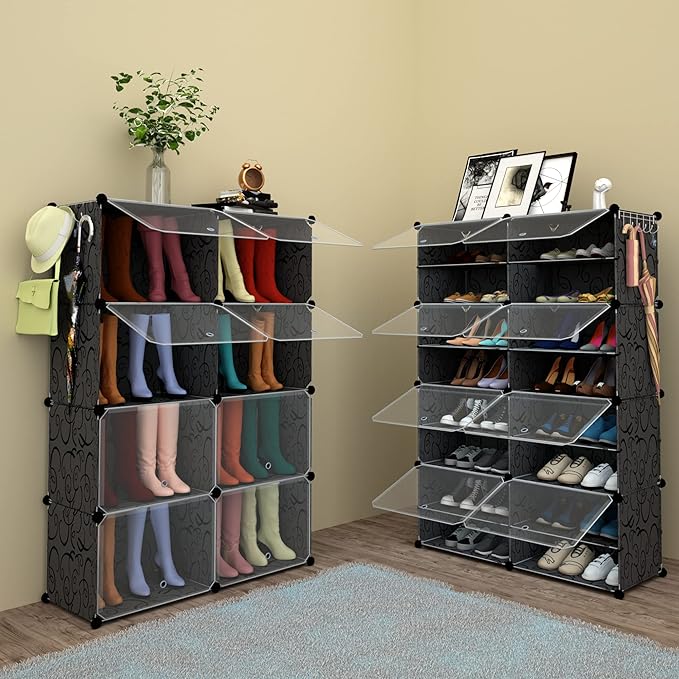 HOMICKER Shoe Rack Organizer, 32 Pair Shoe Storage Cabinet with Door, Expandable Plastic Shoe Shelves for Closet, Heels, Boots, Slippers, 8 Tier