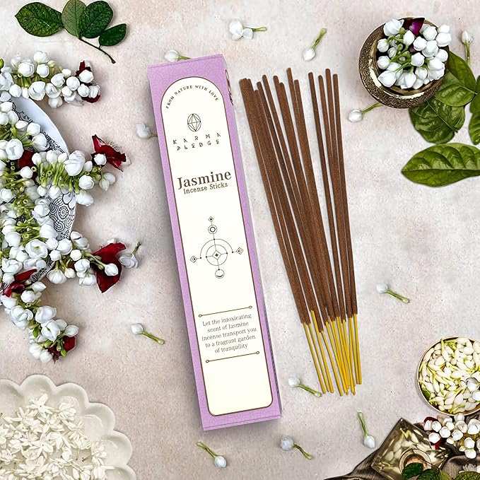 Jasmine Incense Sticks, Organic Hand Dipped Incense, Natural Herbs & Aromatic Ingredients, Contain 40 Sticks Inside, Burn Time 45-60 Min, Spiritual Gifts, Incense by Karma Pledge
