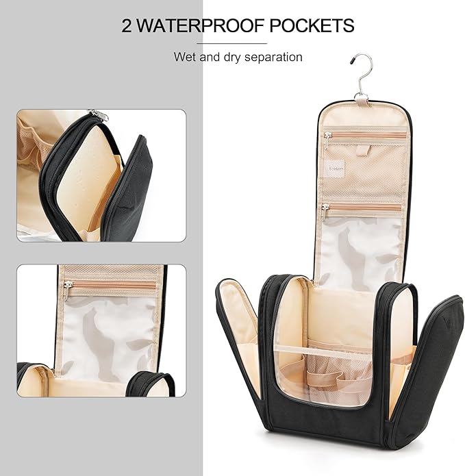 Travel Hanging Toiletry Bag for Women and Men, 6 Organizer Compartments, Holds Full Size Bottles, Extra Large Cosmetic Accessories, Makeup Essentials, Bathroom Water-resistant Toiletries Bag, Black