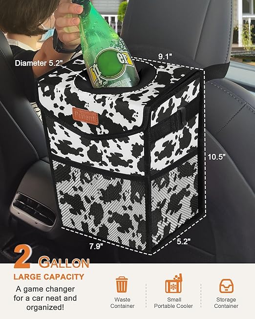 Pritent Car Trash Can with Lid, Cute Leakproof Car Trash Garbage Bag Hanging Vehicle Trash Bin Small Portable Automotive Garbage Cans Organizer for Back/Front Seat/Console(Trapezoid,Cow Print)