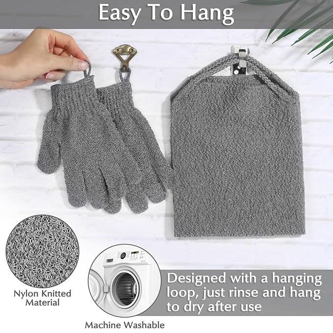 Anezus Exfoliating Back Scrubber Bath Gloves Set, Exfoliating Shower Towel with Shower Gloves for Body Scrub, Back Cleaner Wash Gloves to Remove Dead Skin (Grey)