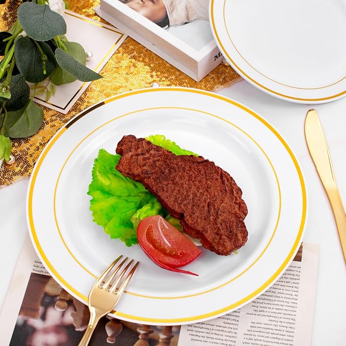 FLOWERCAT 60PCS Gold Plastic Plates - Heavy Duty White and Gold Plastic Plates Disposable for New Year Party/Wedding - Include 30PCS 10.25" Dinner Plates and 30PCS 7.5" Dessert Plates