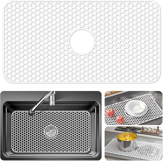 Silicone Sink Protectors for Kitchen Sink with Center Drain - 29.7"x 15.5" Kitchen Protector Accessory, Non-Slip Heat Resistan Mat for Bottom of Farmhouse Stainless Steel Porcelain (White)