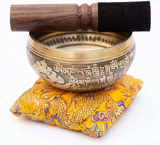 Tibetan Singing Bowl Set – Bronze Master Grade with Pure Tone & Thangka Art – Handmade in Nepal by Himalayan Bazaar (Gold & Yellow)